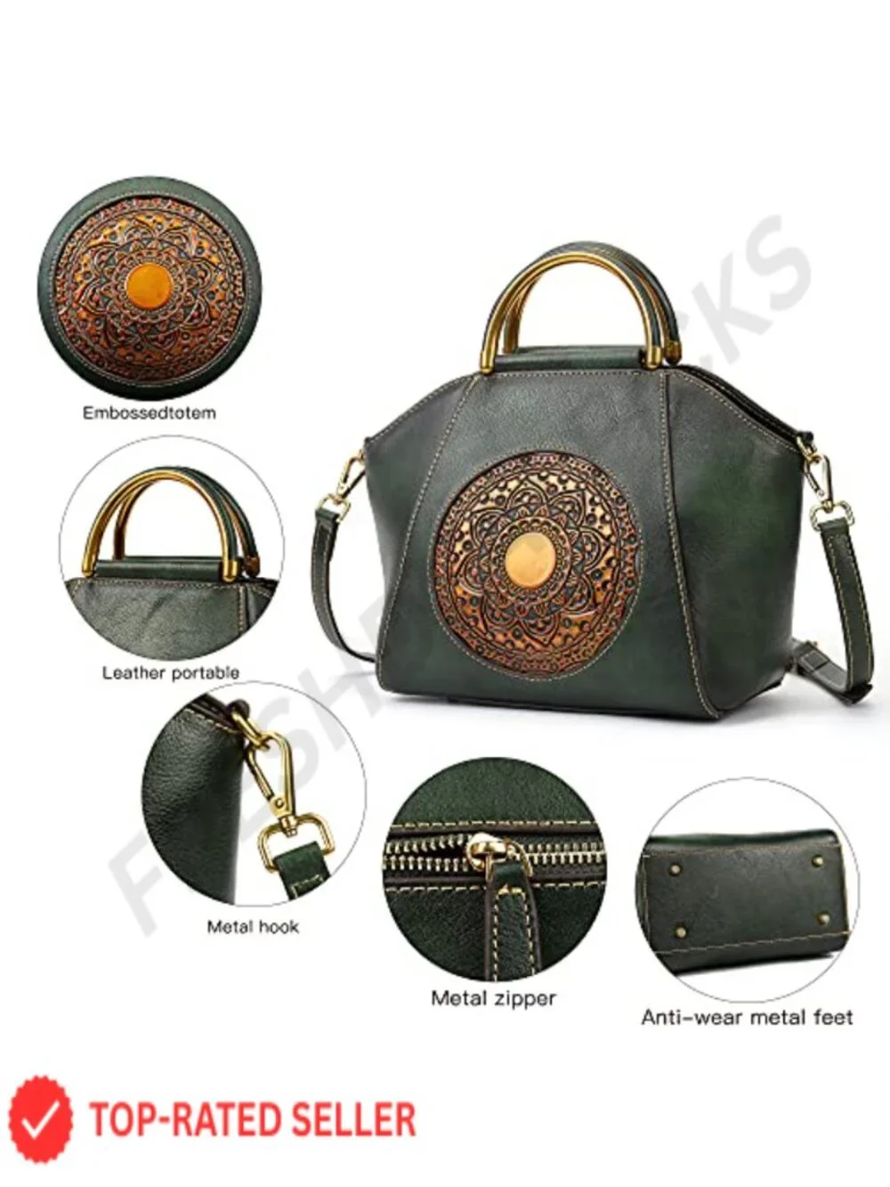 Vintage Genuine Leather Embossed Tote Satchel Handbag, Crossbody Bag, Top